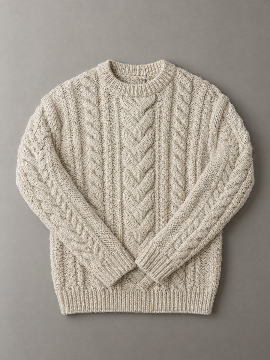 Chunky cable-knit crew-neck sweater in oatmeal cream, 3 GG, Rose Sweaters Ltd.