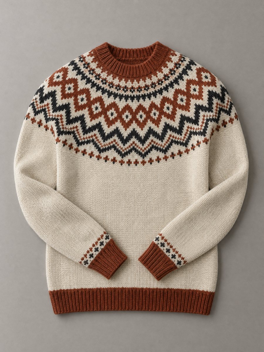 Jacquard fair-isle yoke sweater in rust, ink and cream, 7 GG, Rose Sweaters Ltd.