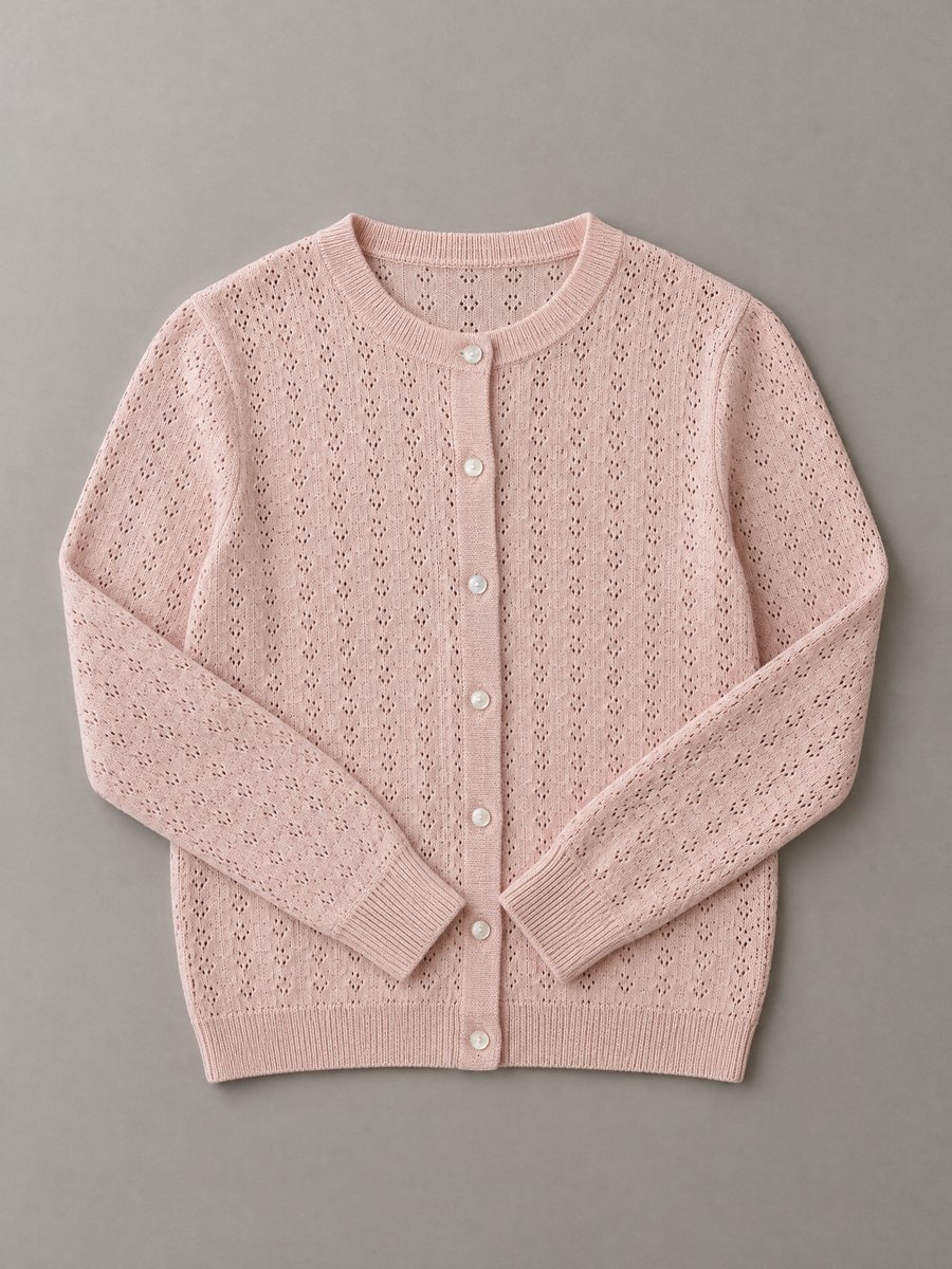 Pointelle-knit cardigan in blush pink with pearl buttons, 12 GG, Rose Sweaters Ltd.